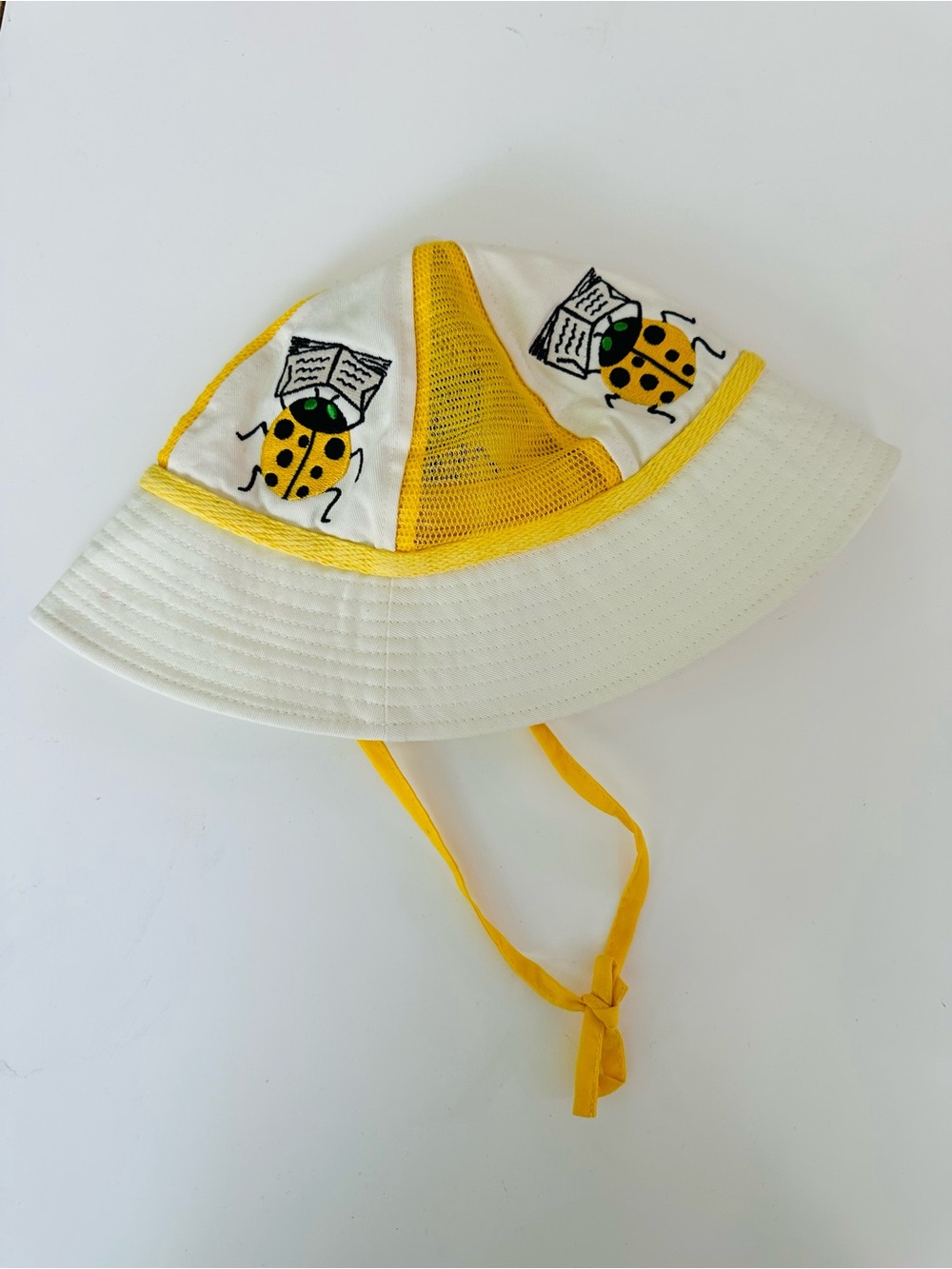 Mini Rodini White and Yellow Ladybug Sun Hat with Chin Tie